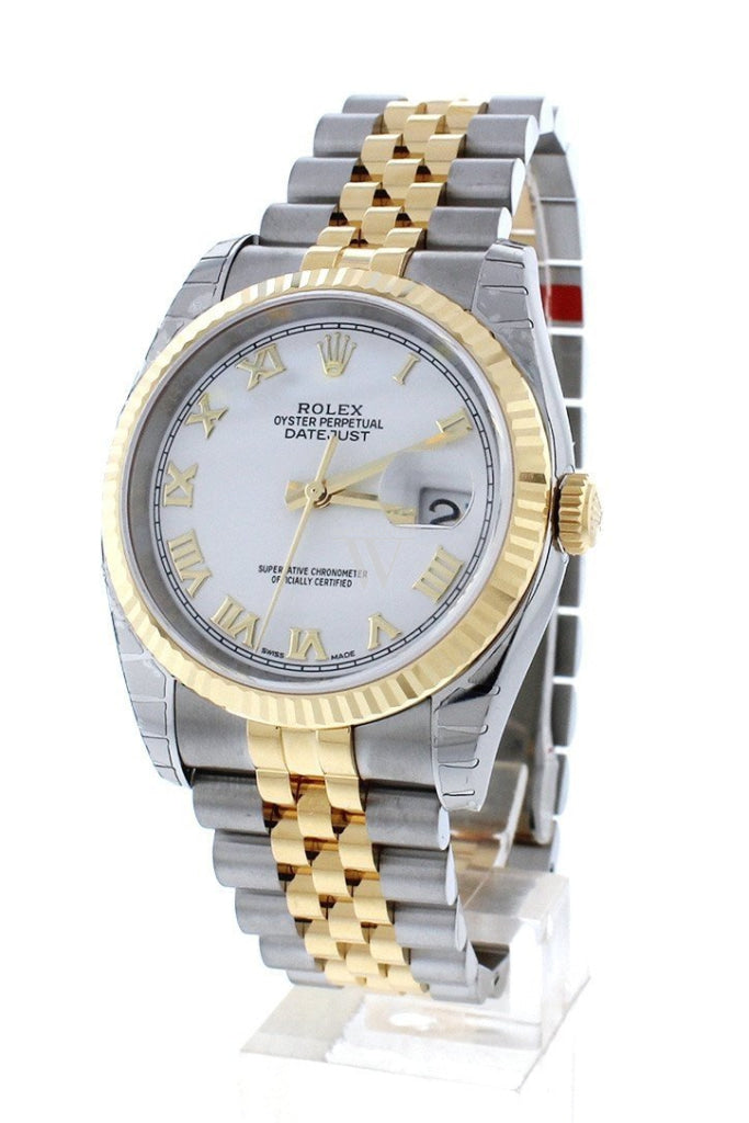 Rolex Datejust 36 White Roman Dial Fluted 18K Gold Two Tone Jubilee Watch 116233 Pre-owned