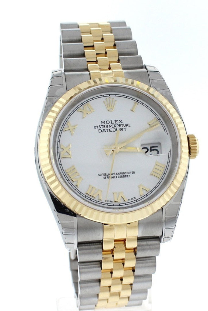 Rolex Datejust 36 White Roman Dial Fluted 18K Gold Two Tone Jubilee Watch 116233 Pre-owned