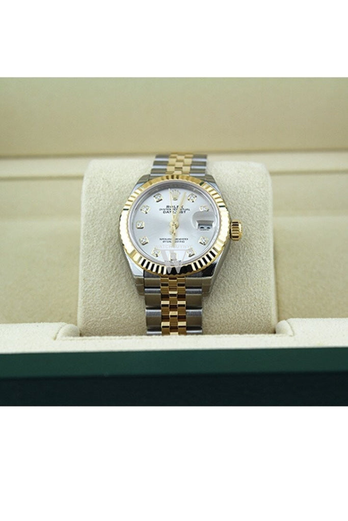 Rolex Datejust 28 Silver Diamond Dial Fluted Yellow Gold Two Tone Jubilee Ladies Watch 279173 NP