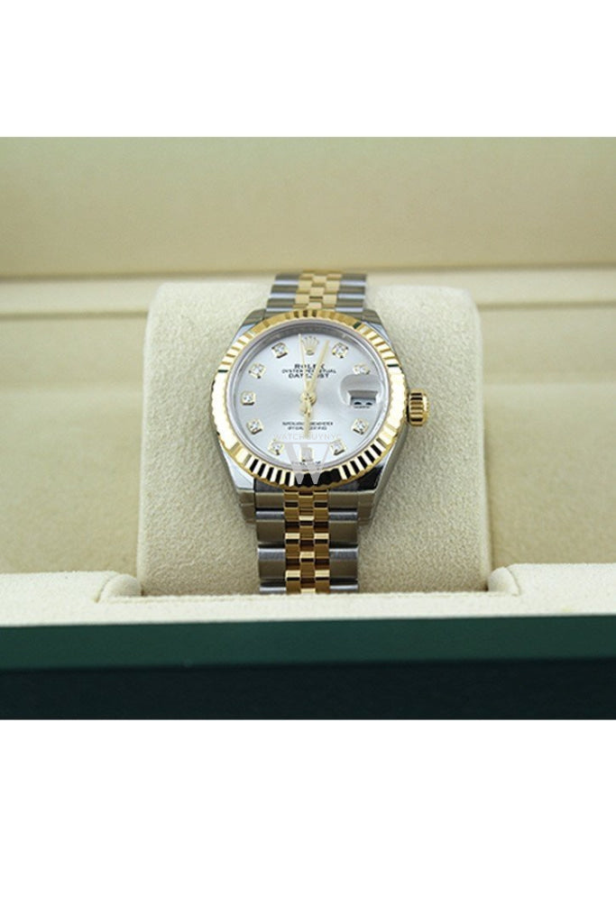 Rolex Datejust 28 Silver Diamond Dial Fluted Yellow Gold Two Tone Jubilee Ladies Watch 279173 NP