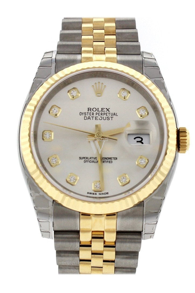 Rolex Datejust 36 Silver Diamond Dial Fluted 18K Gold Two Tone Jubilee Watch 116233 Pre-owned