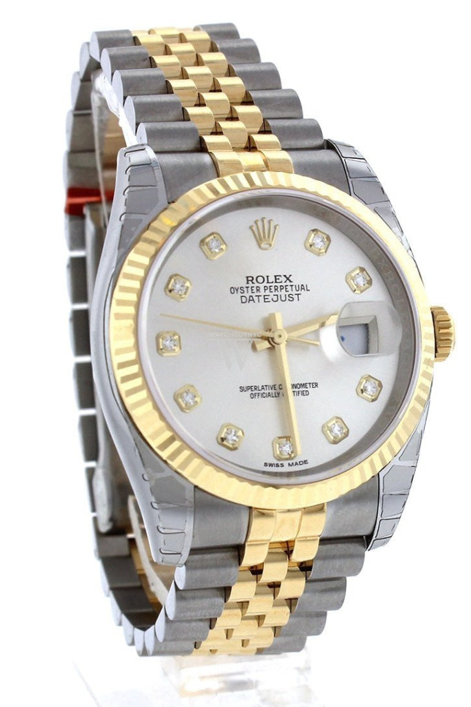 Rolex Datejust 36 Silver Diamond Dial Fluted 18K Gold Two Tone Jubilee Watch 116233 Pre-owned