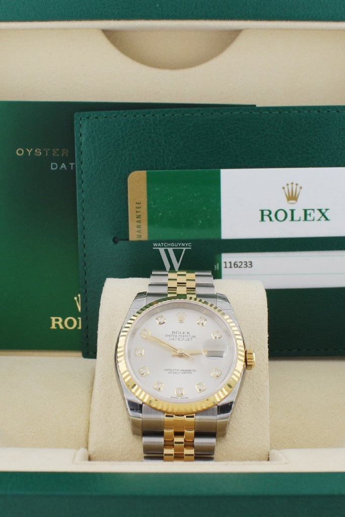 Rolex Datejust 36 Silver Diamond Dial Fluted 18K Gold Two Tone Jubilee Watch 116233 Pre-owned