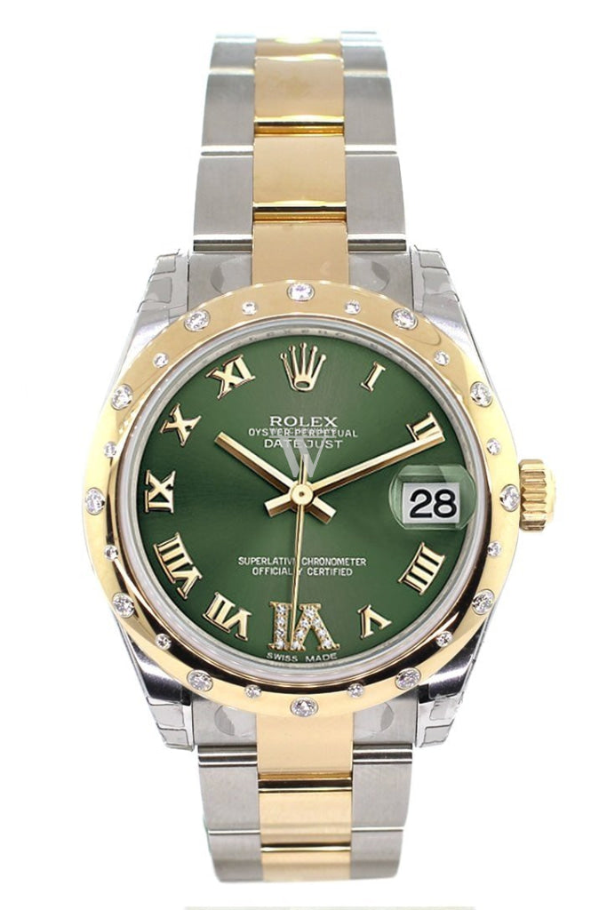 Rolex Datejust 31 Olive Green Roman Large VI Diamond Dial Fluted Bezel  18K Gold Two Tone Ladies 178343 Pre-owned