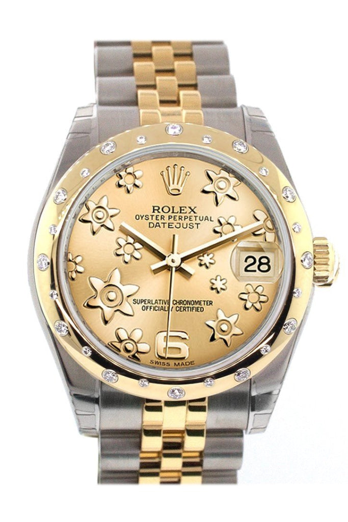 Rolex Datejust 31 Champagne Floral Motif Roman Dial Diamond Bezel 18K Gold Two Tone Jubilee Ladies 178343 Pre-owned