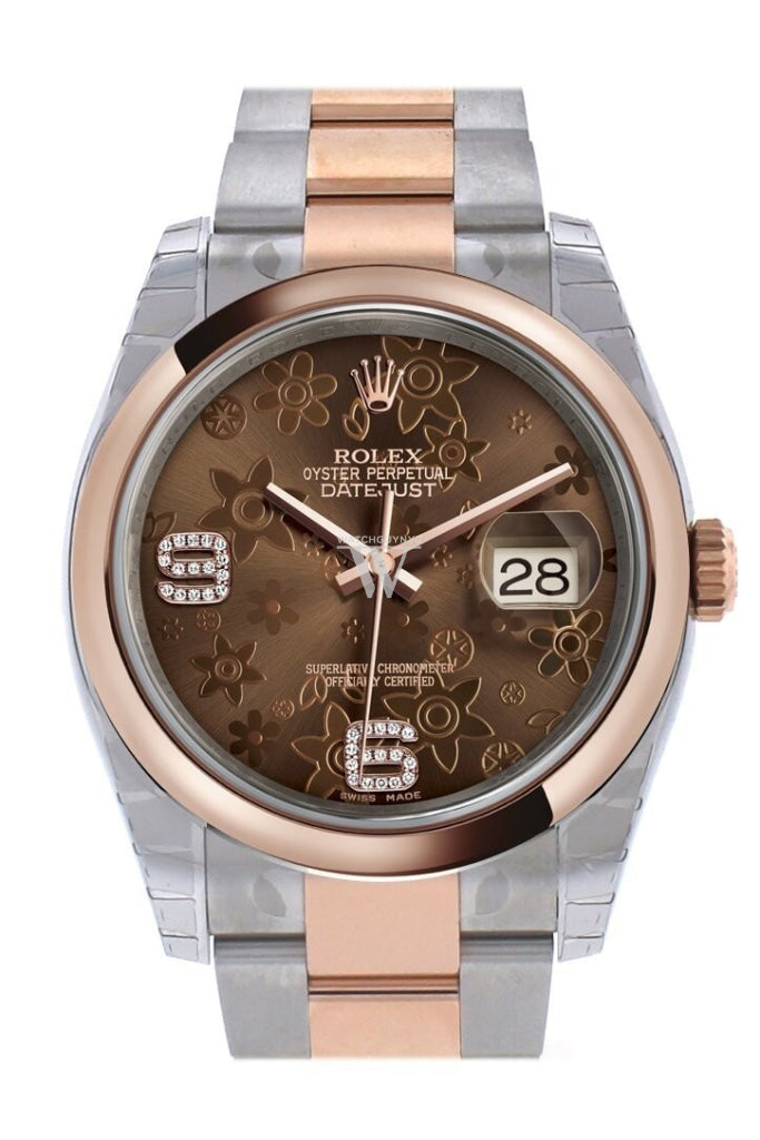 Rolex Datejust 36 Chocolate floral motif set with diamonds Dial Steel and 18k Rose Gold Oyster Watch 116201