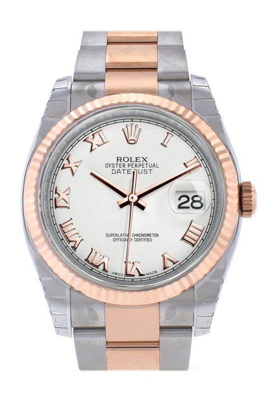 Rolex Datejust 36 White Roman Dial Fluted Steel and 18k Rose Gold Oyster Watch 116231 Pre-owned
