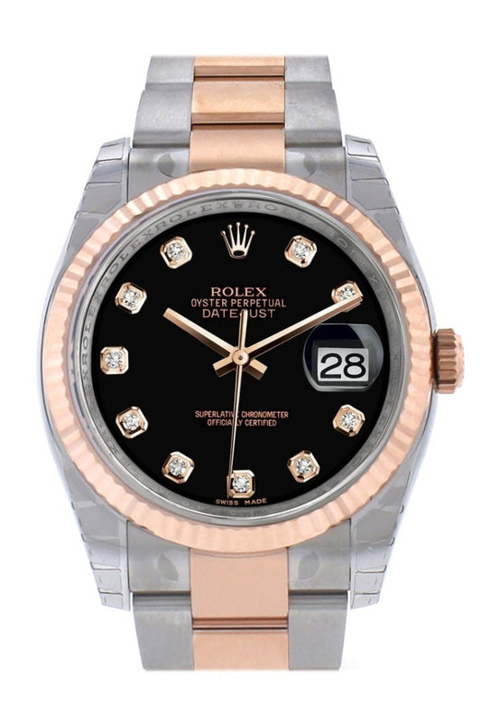 Rolex Datejust 36 Black set with diamonds Dial Fluted Steel and 18k Rose Gold Oyster Watch 116231 Pre-owned