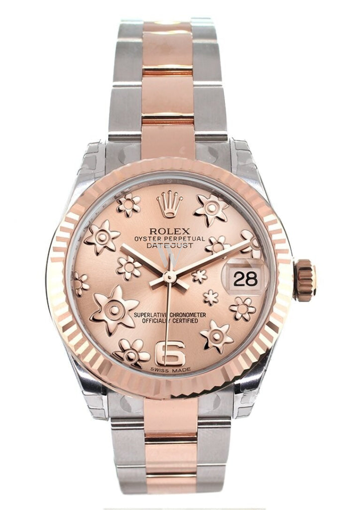 Rolex Datejust 31 Pink Raised Floral Motif Dial Fluted Bezel 18K Rose Gold Two Tone Ladies Watch 178271 Pre-owned