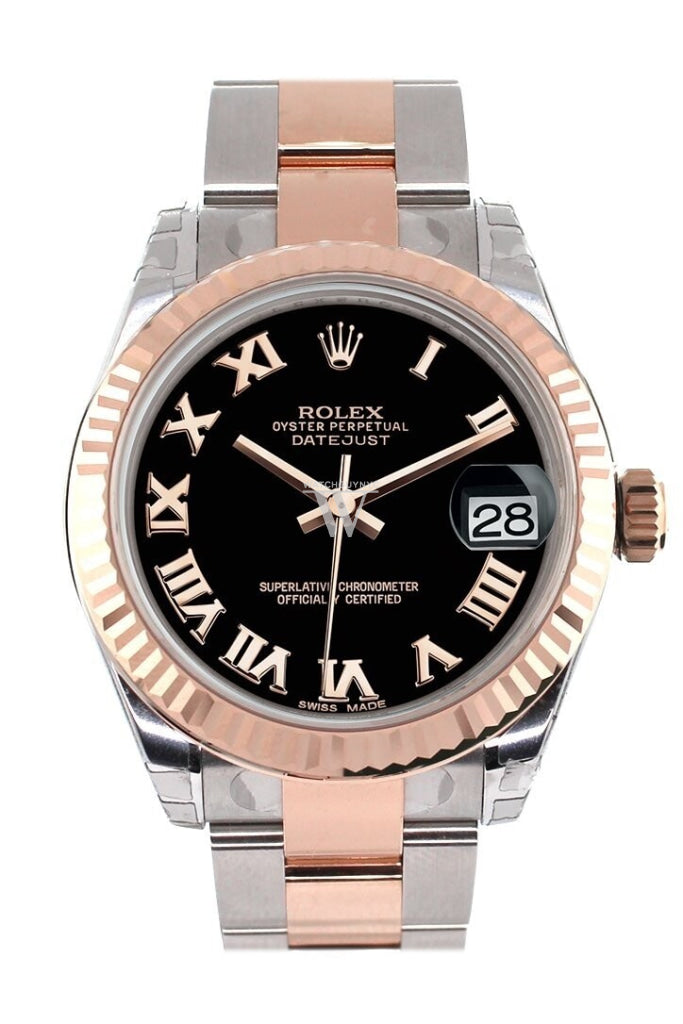 Rolex Datejust 31 Black Roman Dial Fluted Bezel 18K Rose Gold Two Tone Ladies Watch 178271 Pre-owned