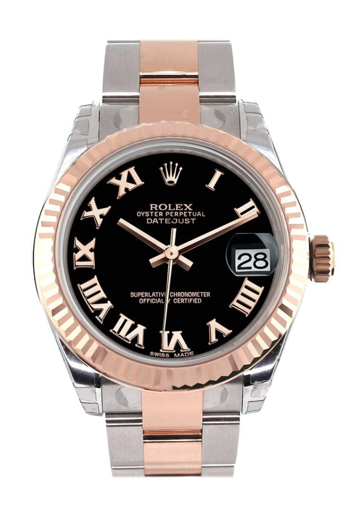 Rolex Datejust 31 Black Roman Dial Fluted Bezel 18K Rose Gold Two Tone Ladies Watch 178271 Pre-owned