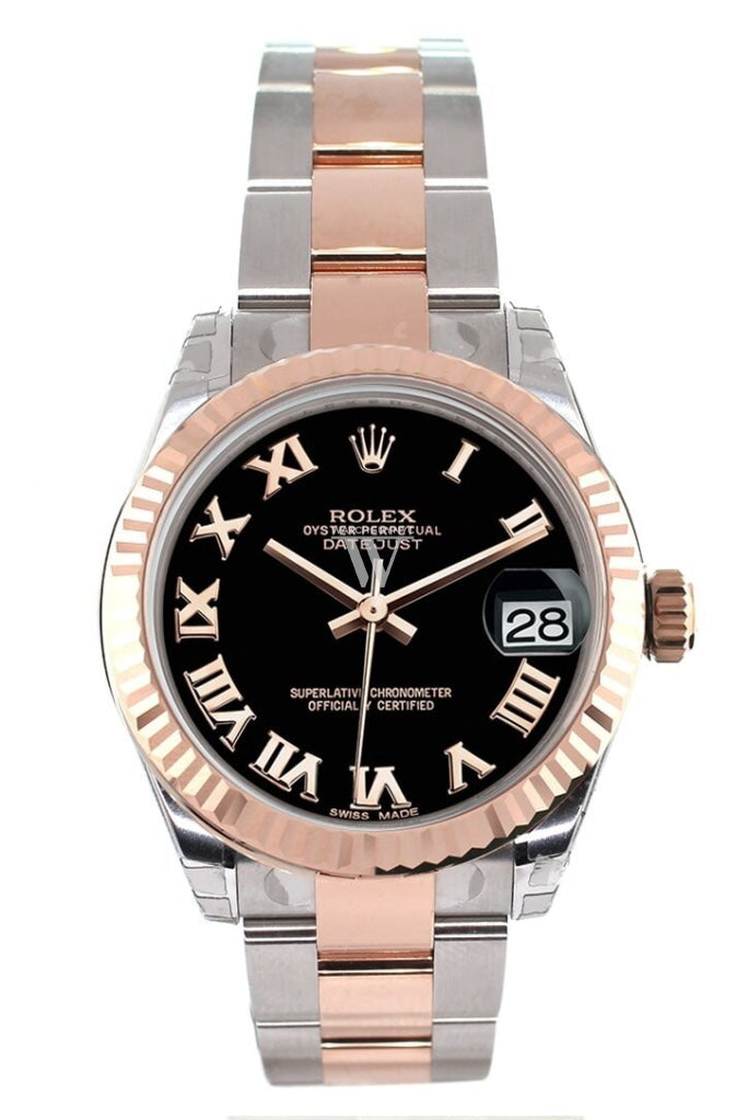 Rolex Datejust 31 Black Roman Dial Fluted Bezel 18K Rose Gold Two Tone Ladies Watch 178271 Pre-owned