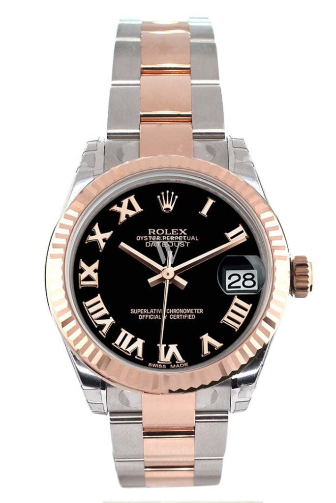Rolex Datejust 31 Black Roman Dial Fluted Bezel 18K Rose Gold Two Tone Ladies Watch 178271 Pre-owned