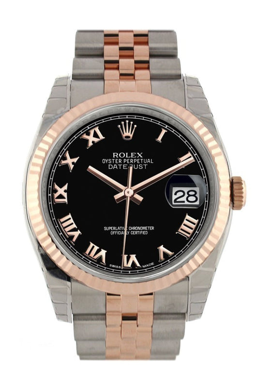 Rolex Datejust 36 Black Roman Dial Fluted Steel and 18k Rose Gold Jubilee Watch 116231 Pre-owned