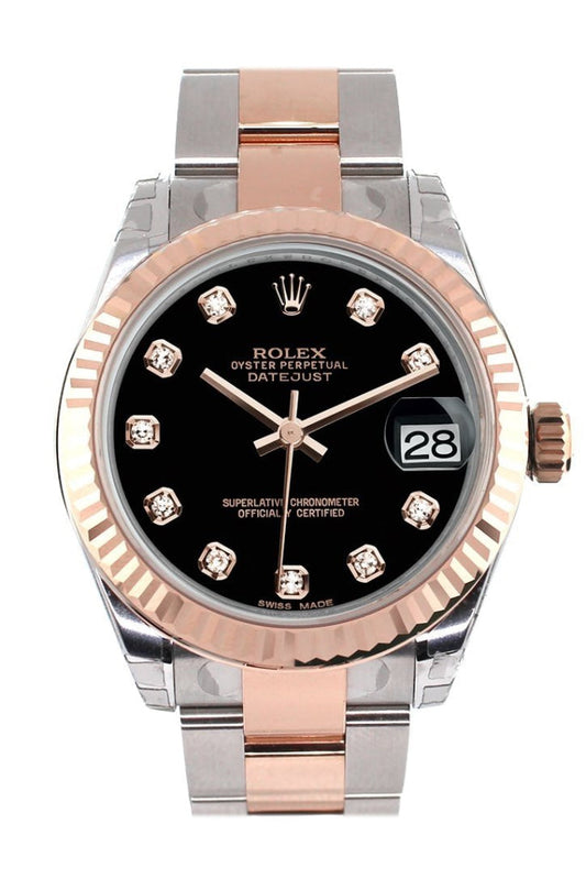 Rolex Datejust 31 Black Diamond Dial Fluted Bezel 18K Rose Gold Two Tone Ladies Watch 178271 Pre-owned