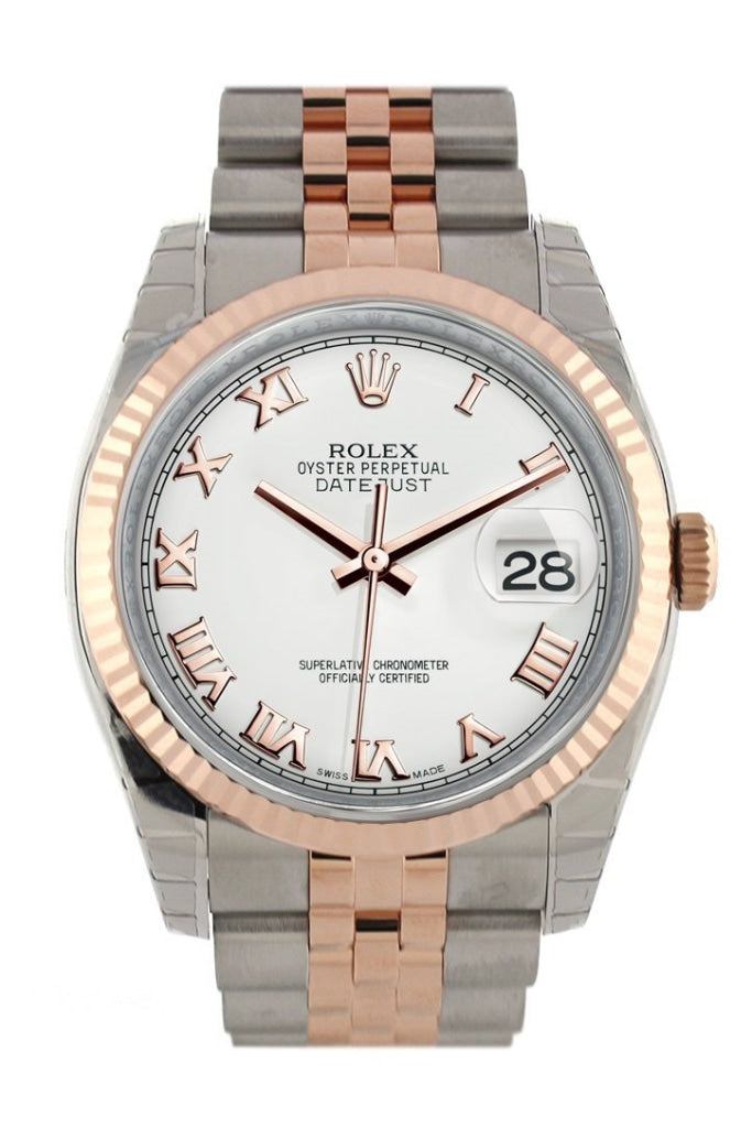 Rolex Datejust 36 White Roman Dial Fluted Steel and 18k Rose Gold Jubilee Watch 116231 Pre-owned