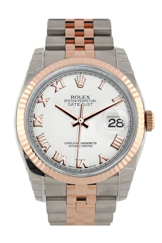 Rolex Datejust 36 White Roman Dial Fluted Steel and 18k Rose Gold Jubilee Watch 116231 Pre-owned
