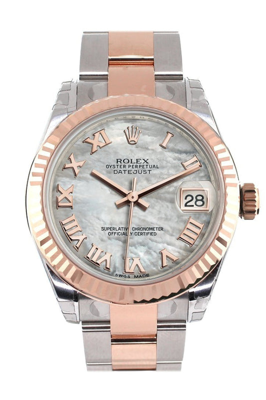 Rolex Datejust 31 White Mother of Pearl Roman Dial Fluted Bezel 18K Rose Gold Two Tone Ladies Watch 178271 Pre-owned