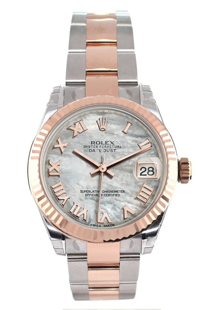 Rolex Datejust 31 White Mother of Pearl Roman Dial Fluted Bezel 18K Rose Gold Two Tone Ladies Watch 178271 Pre-owned