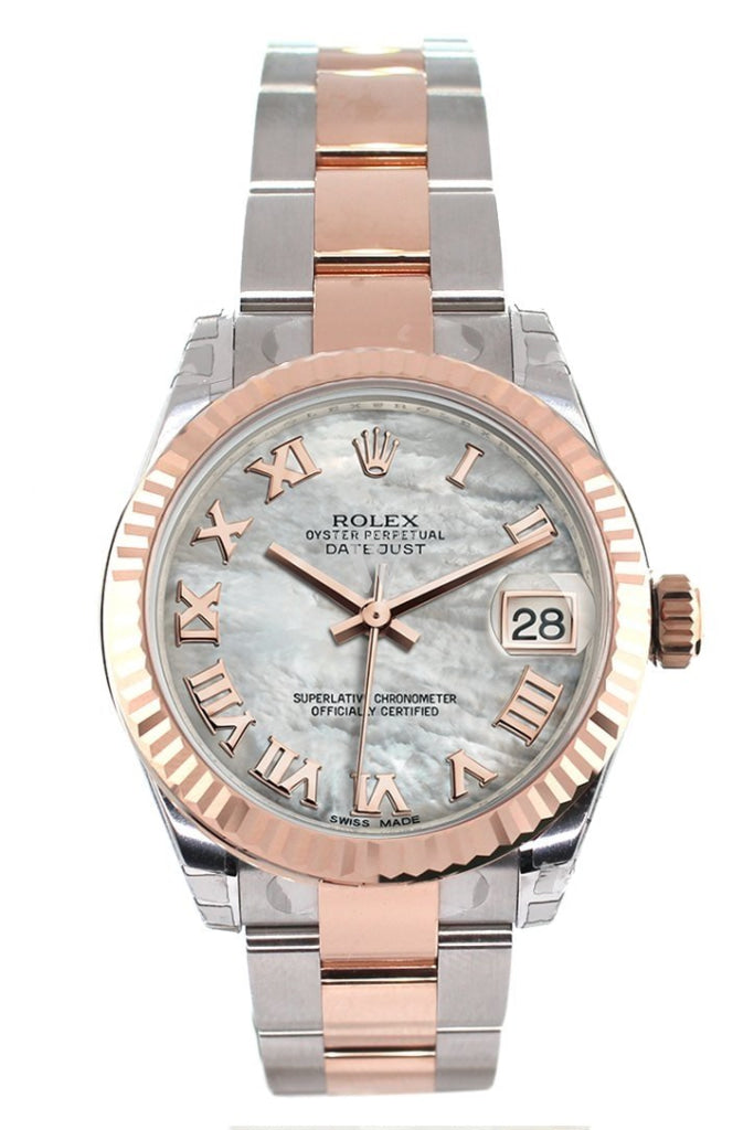 Rolex Datejust 31 White Mother of Pearl Roman Dial Fluted Bezel 18K Rose Gold Two Tone Ladies Watch 178271 Pre-owned
