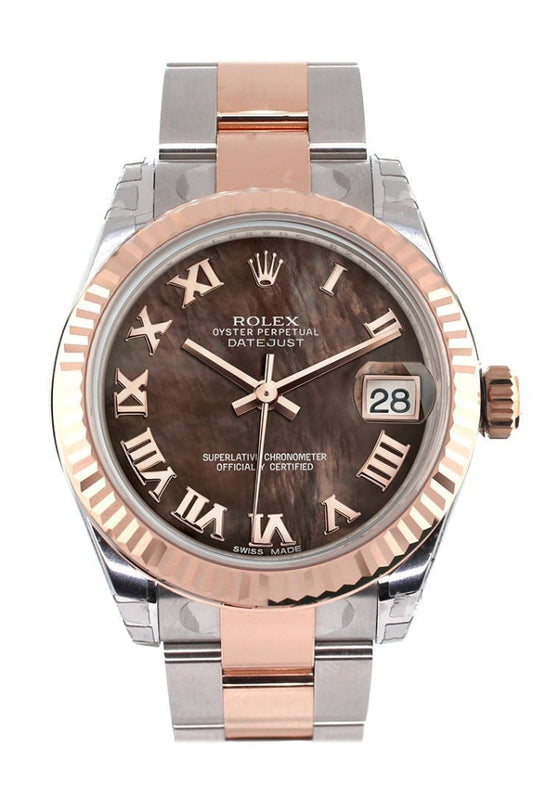 Rolex Datejust 31 Black Mother of Pearl Roman Dial Fluted Bezel 18K Rose Gold Two Tone Ladies Watch 178271 Pre-owned