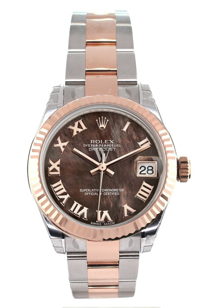 Rolex Datejust 31 Black Mother of Pearl Roman Dial Fluted Bezel 18K Rose Gold Two Tone Ladies Watch 178271 Pre-owned