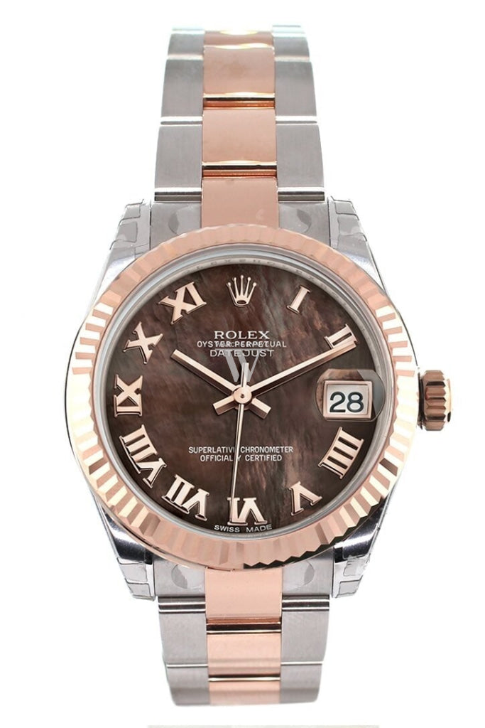 Rolex Datejust 31 Black Mother of Pearl Roman Dial Fluted Bezel 18K Rose Gold Two Tone Ladies Watch 178271 Pre-owned