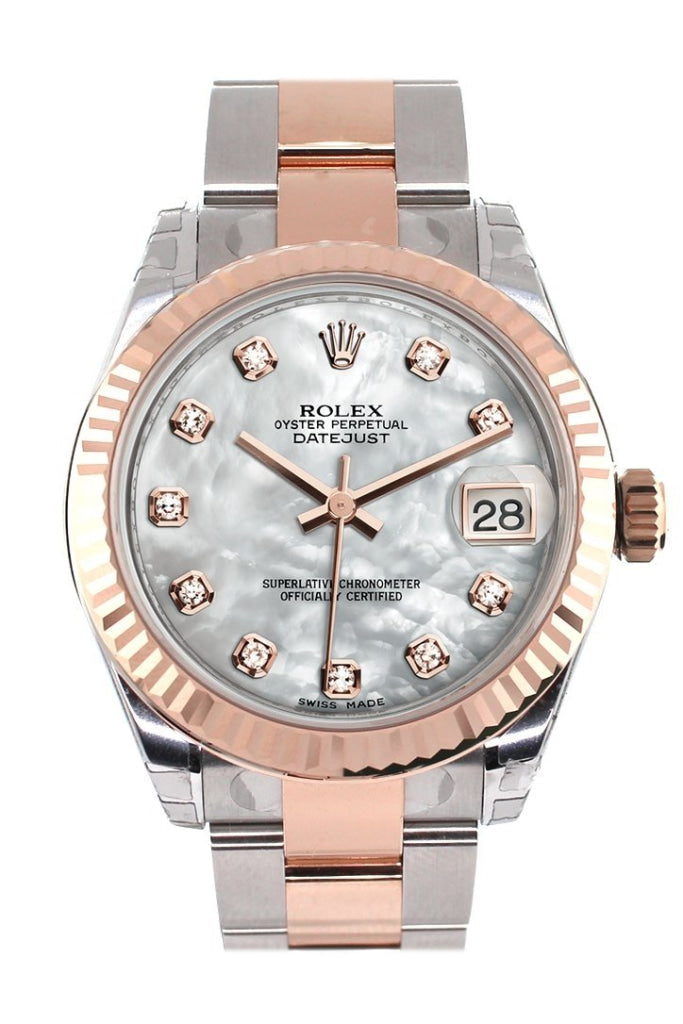 Rolex Datejust 31 White Mother of Pearl Diamond Dial Fluted Bezel 18K Rose Gold Two Tone Ladies Watch 178271 Pre-owned
