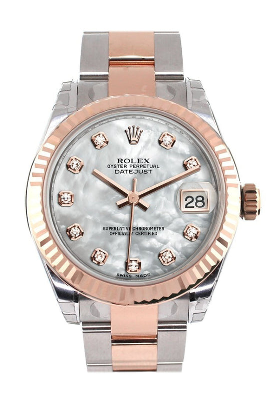 Rolex Datejust 31 White Mother of Pearl Diamond Dial Fluted Bezel 18K Rose Gold Two Tone Ladies Watch 178271 Pre-owned