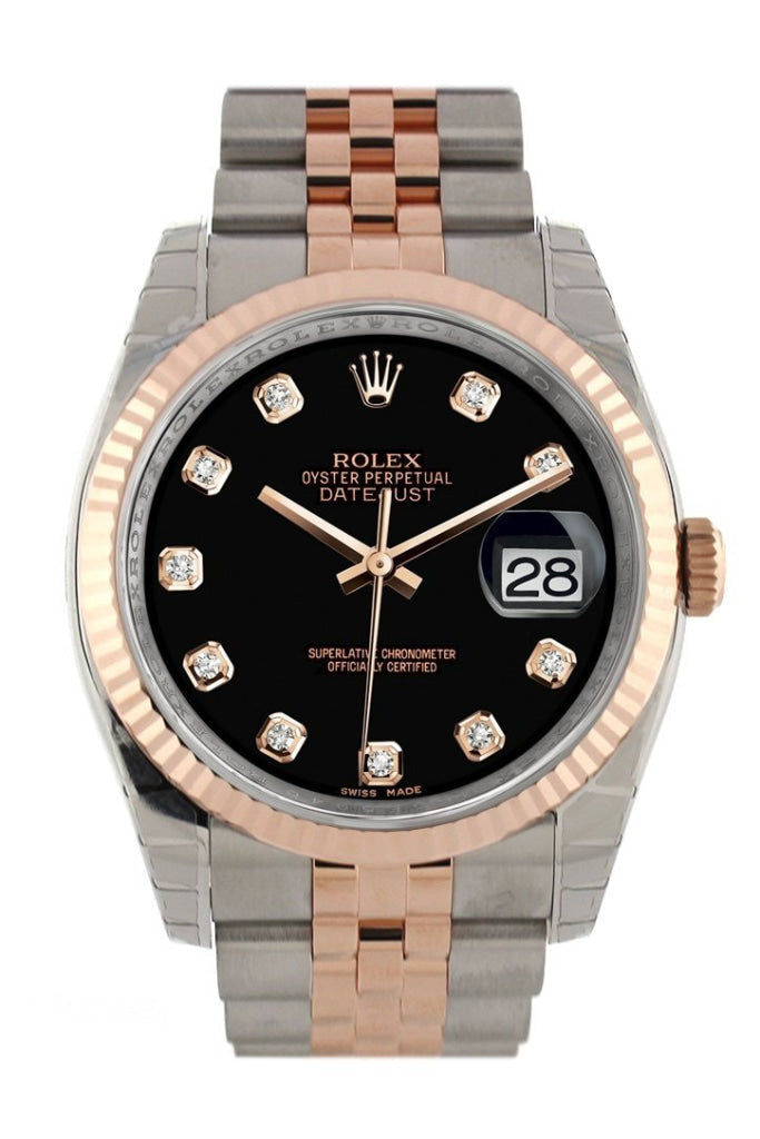 Rolex Datejust 36 Black set with diamonds Dial Fluted Steel and 18k Rose Gold Jubilee Watch 116231 Pre-owned