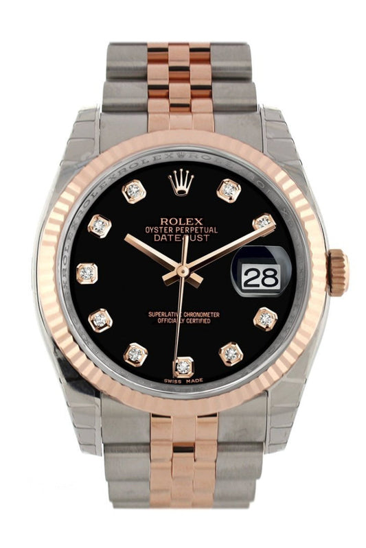 Rolex Datejust 36 Black set with diamonds Dial Fluted Steel and 18k Rose Gold Jubilee Watch 116231 Pre-owned