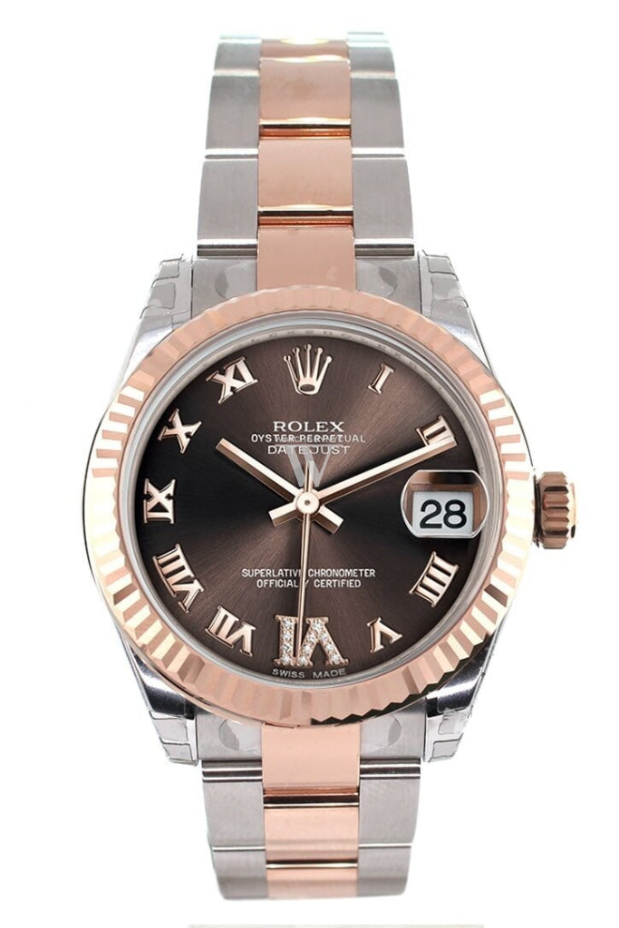Rolex Datejust 31 Chocolate Roman Large VI Diamond Dial Fluted Bezel 18K Rose Gold Two Tone Ladies Watch 178271 Pre-owned