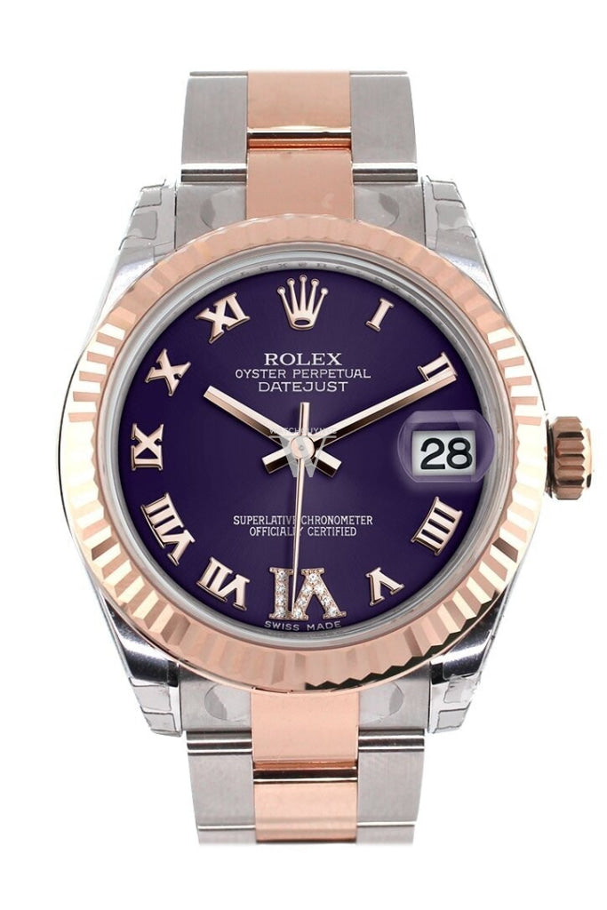 Rolex Datejust 31 Purple Roman Large VI set with Diamond Dial Fluted Bezel 18K Rose Gold Two Tone Ladies Watch 178271 Pre-owned