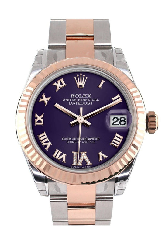 Rolex Datejust 31 Purple Roman Large VI set with Diamond Dial Fluted Bezel 18K Rose Gold Two Tone Ladies Watch 178271 Pre-owned