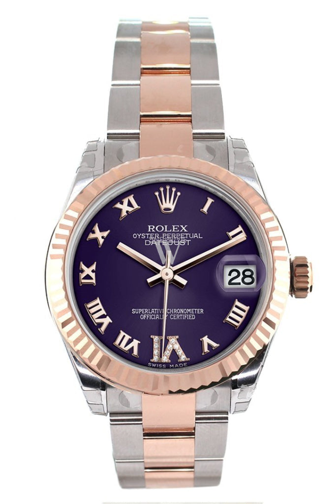 Rolex Datejust 31 Purple Roman Large VI set with Diamond Dial Fluted Bezel 18K Rose Gold Two Tone Ladies Watch 178271 Pre-owned