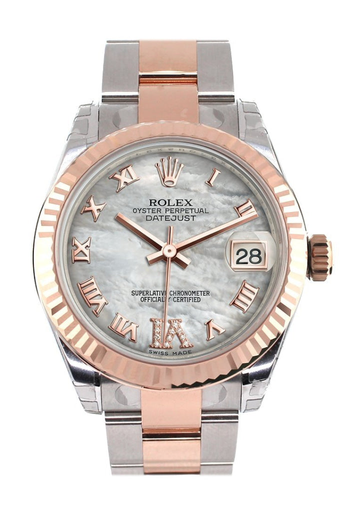 Rolex Datejust 31 White Mother of Pearl Roman Large VI Diamond Dial Fluted Bezel 18K Rose Gold Two Tone Watch 178271 Pre-owned