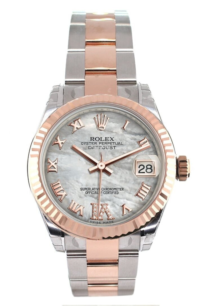 Rolex Datejust 31 White Mother of Pearl Roman Large VI Diamond Dial Fluted Bezel 18K Rose Gold Two Tone Watch 178271 Pre-owned
