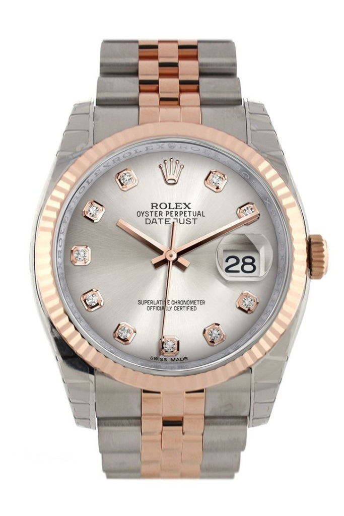 Rolex Datejust 36 Silver diamonds Dial Fluted Steel and 18k Rose Gold Jubilee Watch 116231 Pre-owned