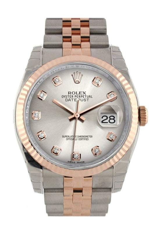 Rolex Datejust 36 Silver diamonds Dial Fluted Steel and 18k Rose Gold Jubilee Watch 116231 Pre-owned