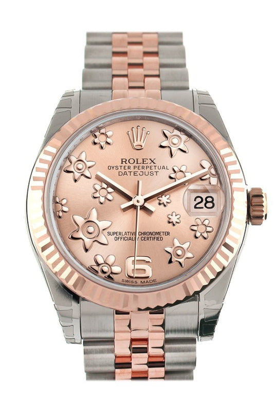 Rolex Datejust 31 Pink Raised Floral Motif Dial Fluted Bezel 18K Rose Gold Two Tone Jubilee Ladies Whatch 178271 Pre-owned