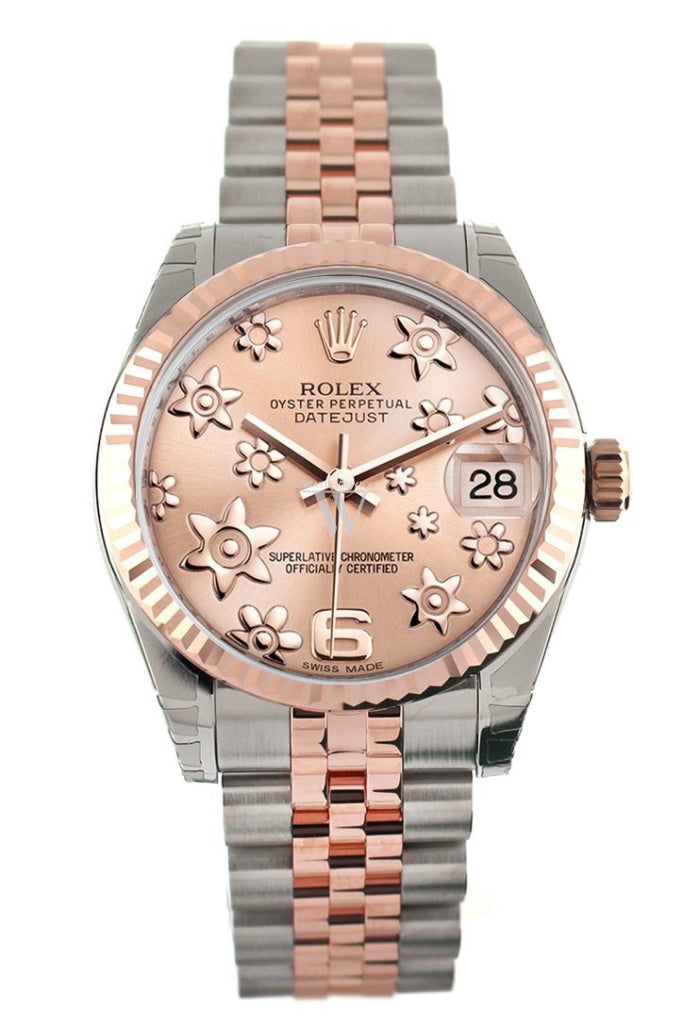 Rolex Datejust 31 Pink Raised Floral Motif Dial Fluted Bezel 18K Rose Gold Two Tone Jubilee Ladies Whatch 178271 Pre-owned