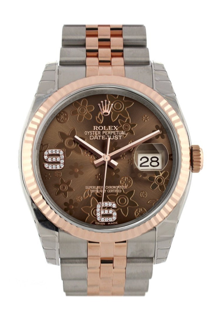 Rolex Datejust 36 Chocolate floral motif diamonds Dial Fluted Steel and 18k Rose Gold Jubilee Watch 116231 Pre-owned