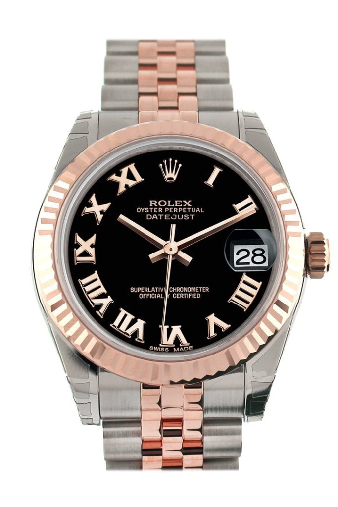 Rolex Datejust 31 Black Roman Dial Fluted Bezel 18K Rose Gold Two Tone Jubilee Ladies Watch 178271 Pre-owned
