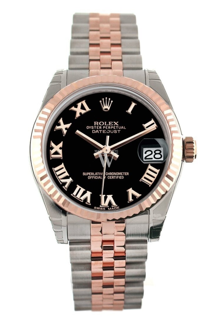 Rolex Datejust 31 Black Roman Dial Fluted Bezel 18K Rose Gold Two Tone Jubilee Ladies Watch 178271 Pre-owned