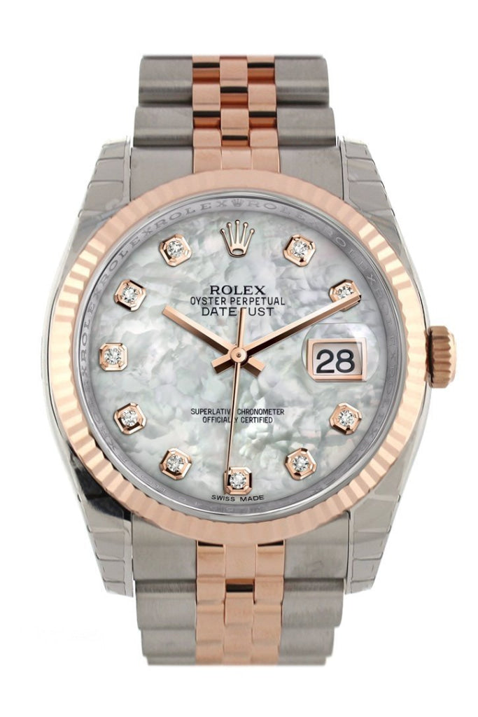 Rolex Datejust 36 White mother-of-pearl diamonds Dial Fluted Steel 18k Rose Gold Jubilee Watch 116231 Pre-owned