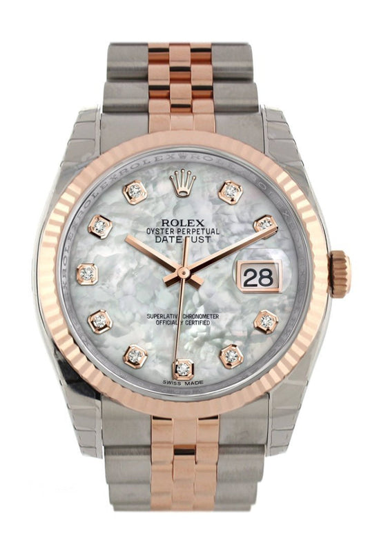 Rolex Datejust 36 White mother-of-pearl diamonds Dial Fluted Steel 18k Rose Gold Jubilee Watch 116231 Pre-owned