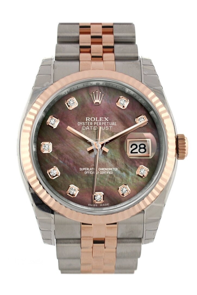 Rolex Datejust 36 Black mother-of-pearl diamonds Dial Fluted Steel and 18k Rose Gold Jubilee Watch 116231 Pre-owned