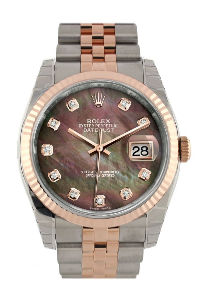 Rolex Datejust 36 Black mother-of-pearl diamonds Dial Fluted Steel and 18k Rose Gold Jubilee Watch 116231 Pre-owned