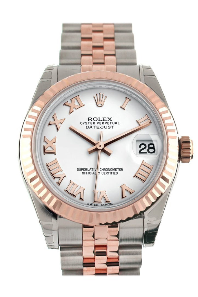 Rolex Datejust 31 White Roman Dial Fluted Bezel 18K Rose Gold Two Tone Jubilee Ladies Watch 178271 Pre-owned