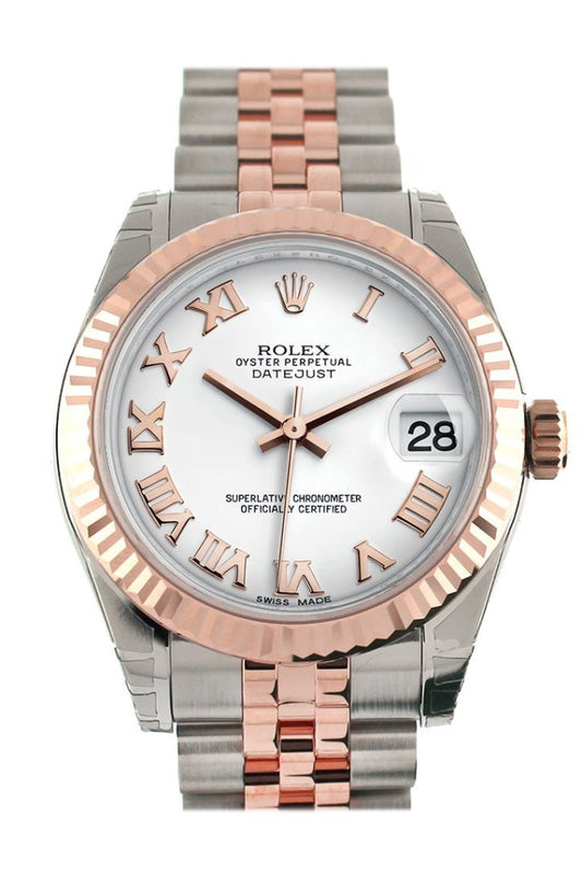 Rolex Datejust 31 White Roman Dial Fluted Bezel 18K Rose Gold Two Tone Jubilee Ladies Watch 178271 Pre-owned